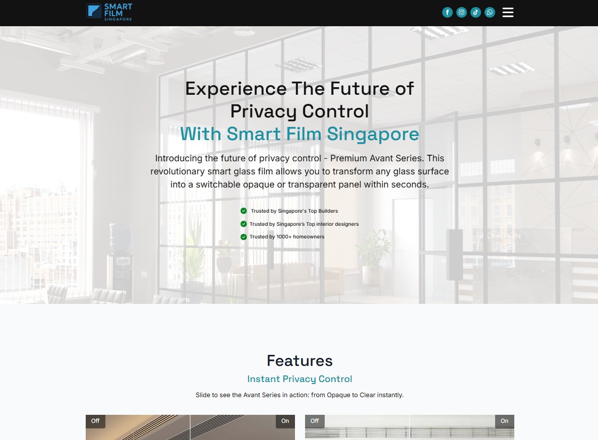 Smart Film SG website showcasing switchable privacy glass